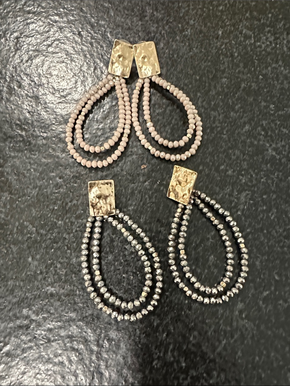 Gold-Accented Teardrop Beaded Earrings in Blush and Gunmetal